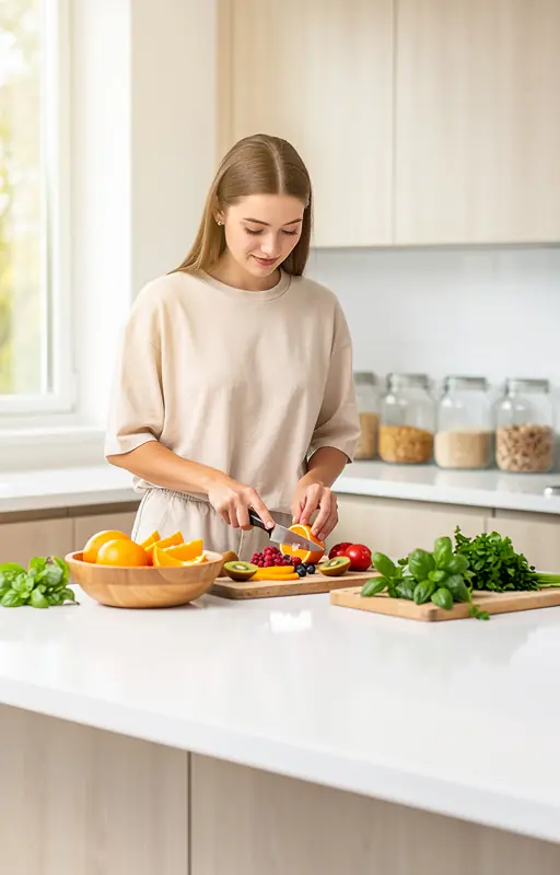 femme française cuisinant calmement dans une cuisine minimaliste avec lumière naturelle