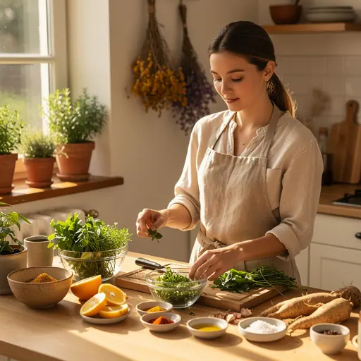 femme préparant une recette familiale dans une cuisine simple et chaleureuse