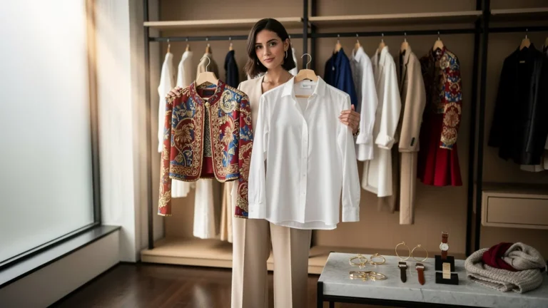 Femme dans une garde-robe moderne choisissant entre basique et pièce statement pour petite garde-robe