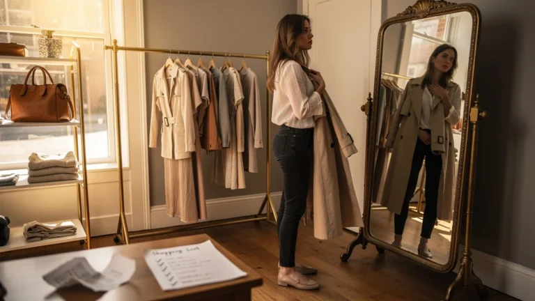 Jeune femme déçue tenant un trench mal ajusté en boutique, regret d'achat sans essayage