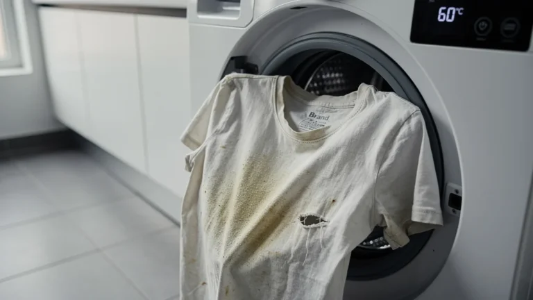 T-shirt usé dans machine à laver à 60°C illustrant la vraie durée de vie d’un t-shirt en coton