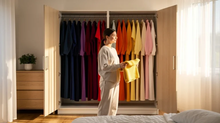 Jeune femme organise ses vêtements par couleur dans un dressing lumineux pour un gain de temps optimal