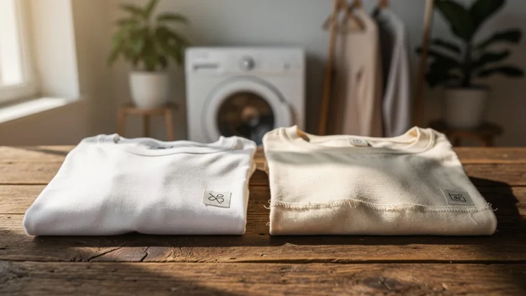 Comparaison ultra-réaliste de deux chemises en coton bio lavées à 30° et 40°, montrant l’usure et la texture