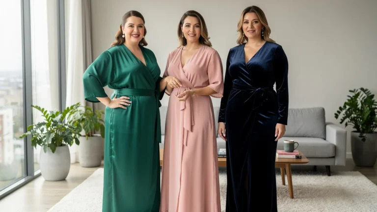 Trois femmes portant des robes wrap différentes selon trois morphologies familiales en tissus variés