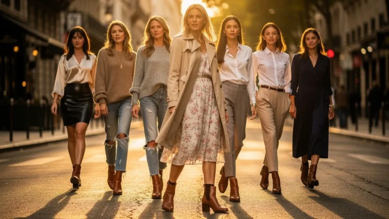 Femme stylée portant les mêmes bottines avec six tenues différentes dans un décor urbain authentique