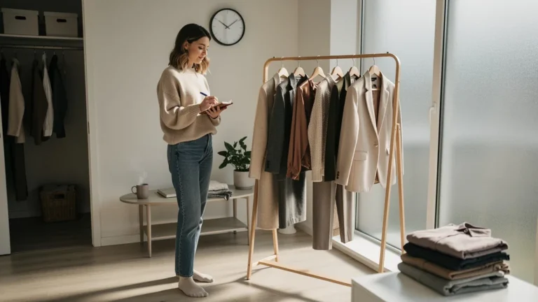 Photographie réaliste d’une capsule de dix pièces testée en février pour apprendre le stockage minimaliste