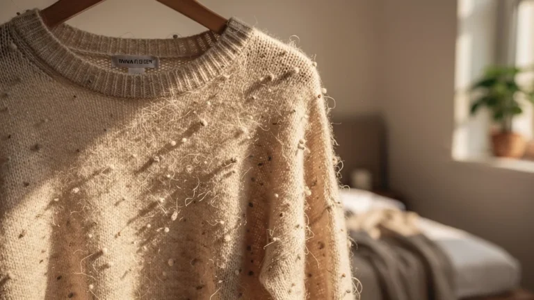 Gros plan ultra-réaliste d'un pull en viscose bouloché rapidement sous lumière naturelle douce