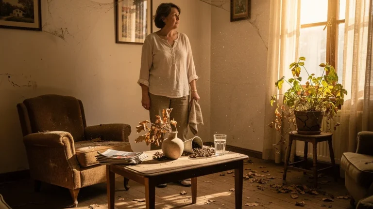 Intérieur d'une maison négligée avant nettoyage radical saisonnier, ambiance chaleureuse et poussiéreuse