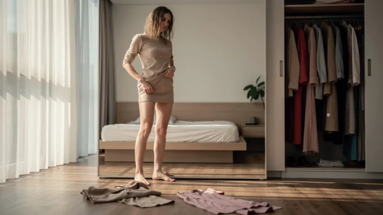 Femme regrettant une tenue inadaptée à sa taille, une erreur de mode qui a coûté deux saisons