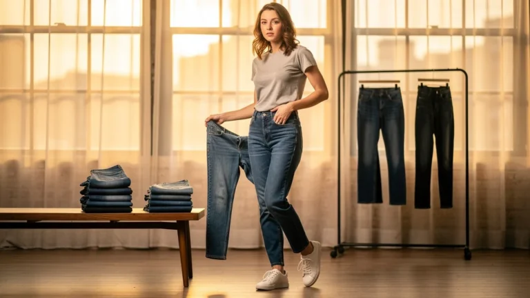 Femme en jean droit confortable abandonnant les jeans slim, moment décisif mode jean droit