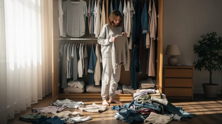Femme réfléchissant devant une garde-robe surchargée de vêtements fatigués, ambiance lumineuse et réaliste