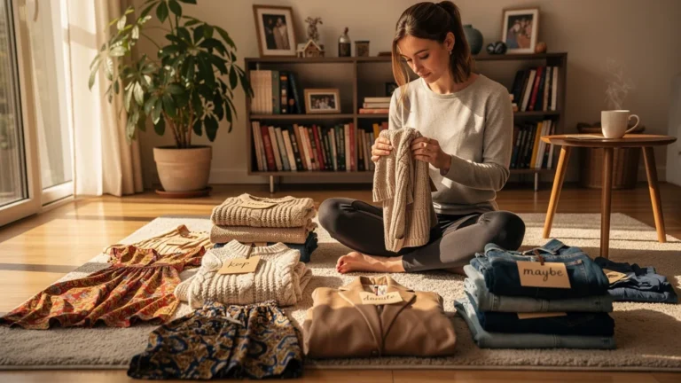 Femme triant 80 vêtements en 30 pièces lors d'un week-end de rangement intense et réfléchi