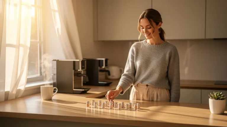 Capsule de dix pièces sur un comptoir de cuisine lumineux simplifiant les matins avec élégance