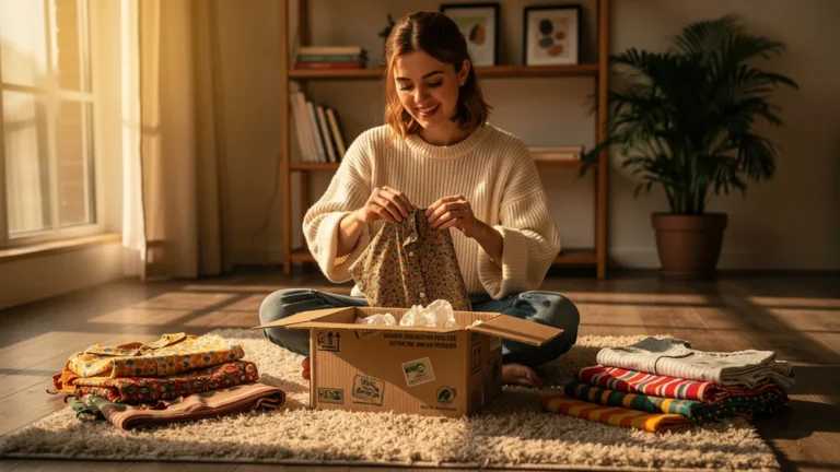 Jeune femme heureuse découvrant sa première commande sur une friperie en ligne, ambiance chaleureuse et vintage