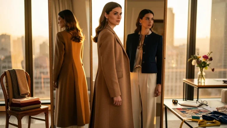 Femme choisissant entre manteau long et veste courte selon morphologie dans un intérieur élégant lumineux