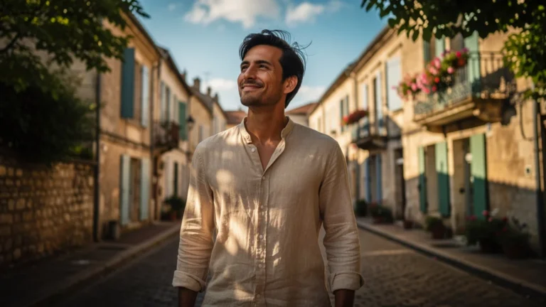 Homme portant une chemise en lin beige dans une rue ensoleillée de Limoges en été