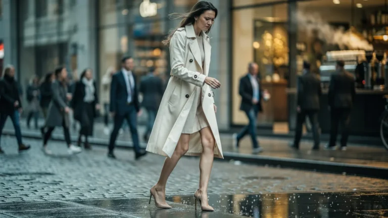 Femme urbaine en talons fins montrant inconfort quotidien, raison d'éviter les talons fins au quotidien