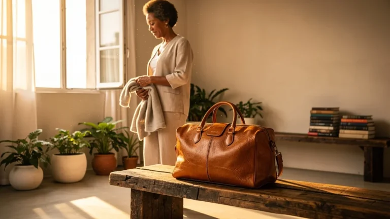 Photo réaliste d'une femme choisissant un sac artisanal dans un intérieur minimaliste et lumineux