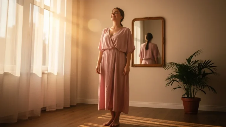 Femme sereine en robe fluide célébrant la liberté de sa silhouette et l’acceptation de soi