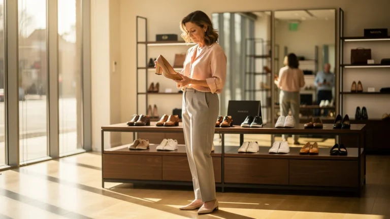 Femme examinant la qualité de la coupe de chaussures, réalisant qu'elle prime sur la marque