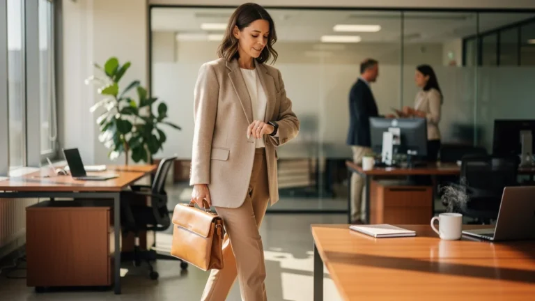Femme au bureau portant un blazer oversize élégant pendant dix jours professionnels consécutifs