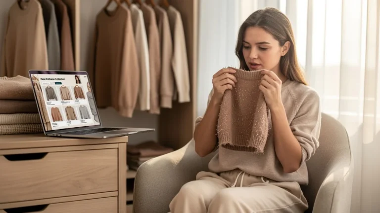Femme examinant un pull bouloché, réfléchissant à acheter en boutique ou commander en ligne vêtements