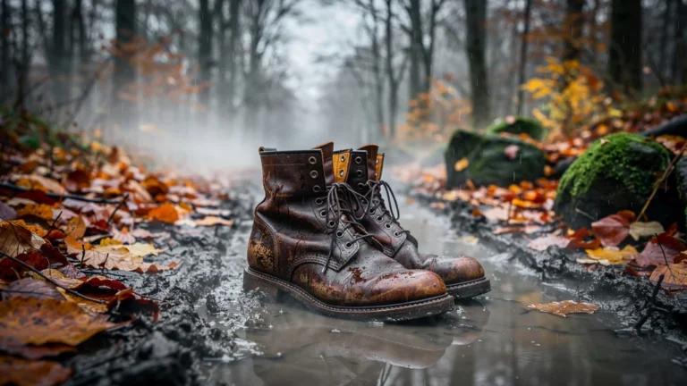 Bottes en cuir abîmées par manque d’imperméabilisation en automne humide, cuir endommagé et détrempé
