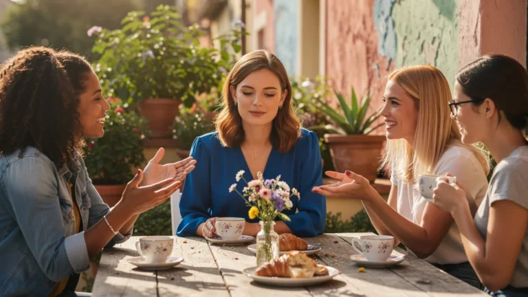 Déjeuner entre amies où l'on remarque le bleu porté, moment chaleureux et transformation personnelle