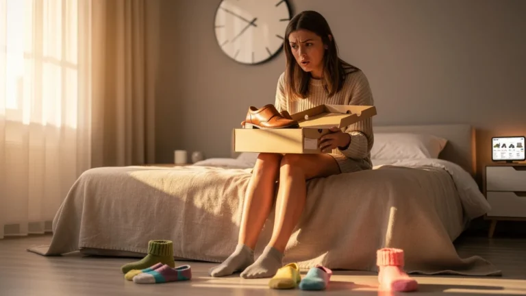 Femme déçue découvrant des chaussures trop petites après une commande en ligne, regrets et chaussettes au sol