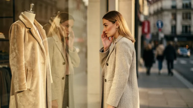 Femme comparant deux nuances de beige sur son teint devant une vitrine pour choisir un manteau