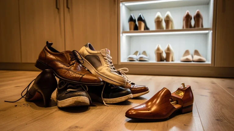 Chaussures mal rangées en tas avec embauchoirs négligés causant déformation due à la mauvaise taille