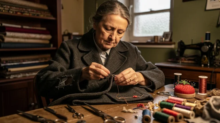 Couturière de quartier réparant un manteau préféré avec savoir-faire et lumière chaleureuse