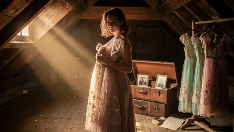 Jeune femme ressortant les robes vintage de sa mère au grenier au printemps, ambiance nostalgique et lumineuse