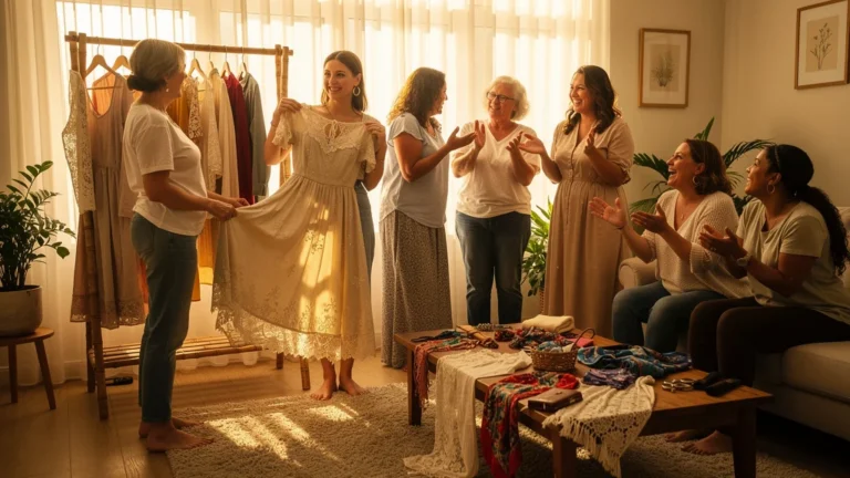 Femme heureuse découvrant une robe lors d'un vide-dressing entre voisines qui renouvelle sa garde-robe sans dépenser