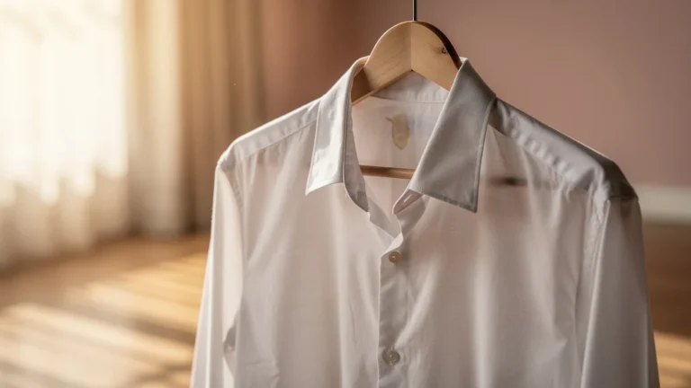 Chemise blanche parfaite révélée par un rayon de soleil, détail tissu et lumière naturelle intense