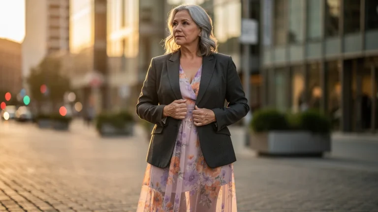 Femme mature portant robe fleurie et veste structurée, style affirmé au-delà d’un certain âge, mode élégante