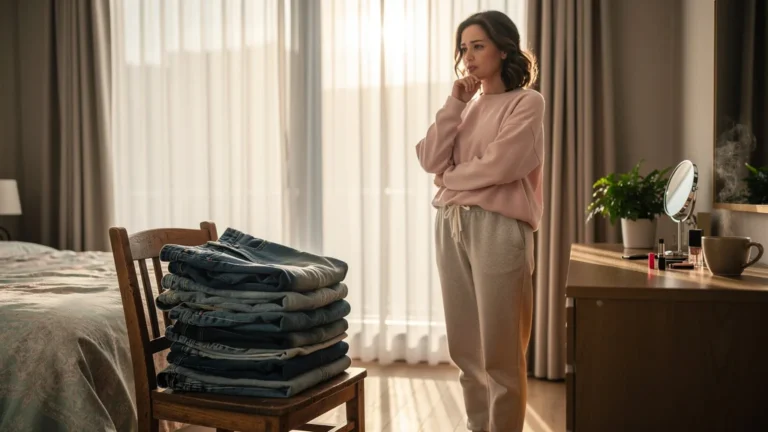 Femme regrettant d'avoir gardé des jeans deux tailles trop petits dans une chambre lumineuse et moderne