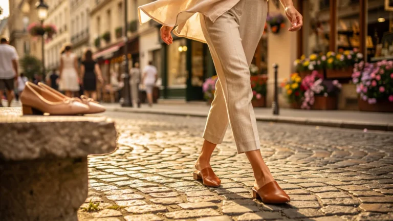 Femme élégante en mules marchant sur pavés d'été en ville, choix entre ballerines et mules