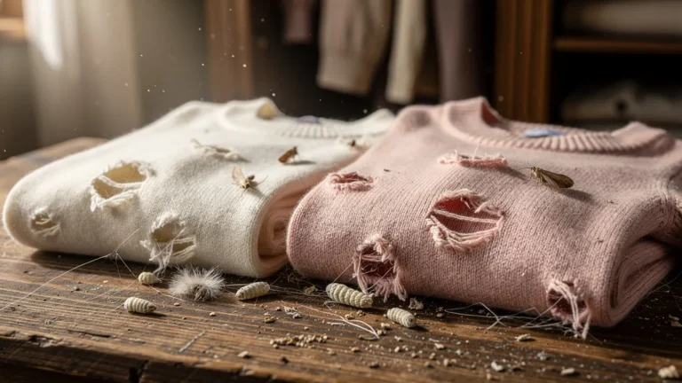 Deux pulls en cachemire endommagés par des mites sur une table en bois, symbole de perte textile coûteuse