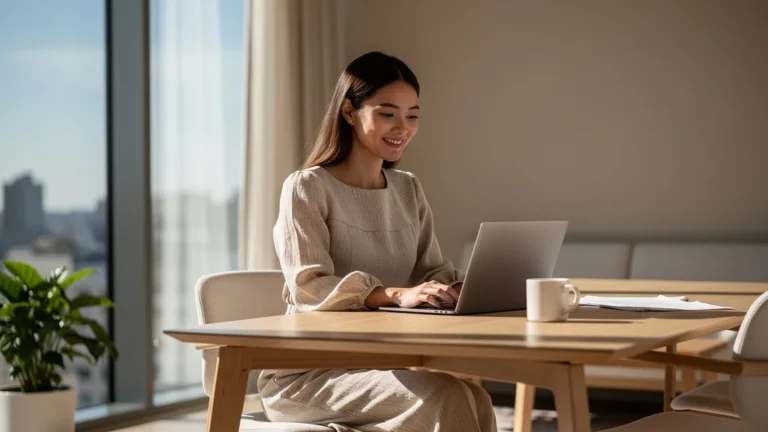 Femme au bureau portant du lin naturel ajusté puis ample, illustrant le confort réel au travail