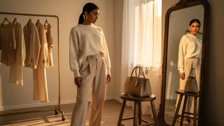 Femme en total look monochrome écru réfléchissant dans un miroir, nuances éclairant ou éteignant le teint