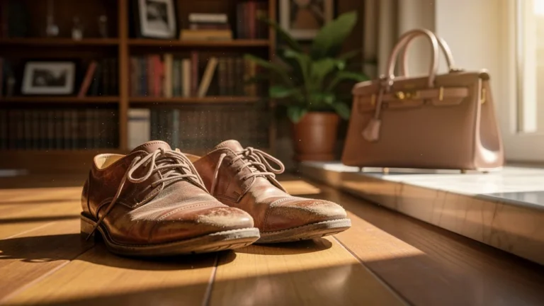 Chaussures usées racontant les journées mieux que les sacs dans une ambiance lumineuse et réaliste