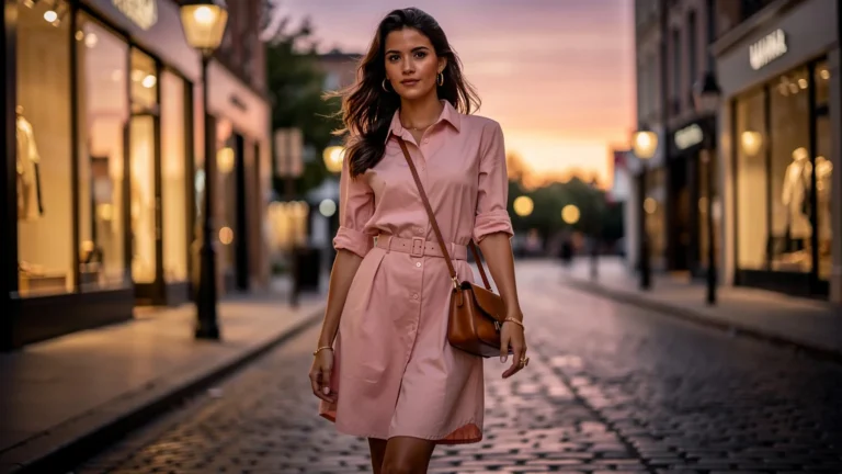 Femme en robe-chemise élégante en ville au coucher du soleil pour une journée qui s'étire jusqu'au soir