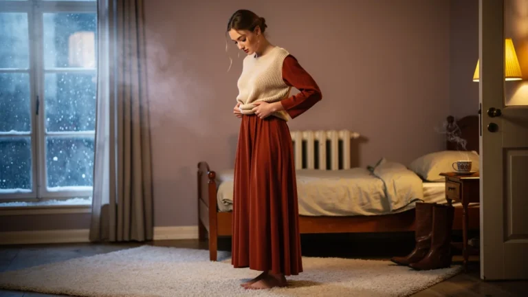 Femme en hiver testant la superposition d’un pull fin sous sa robe, ambiance cocooning et textures réalistes