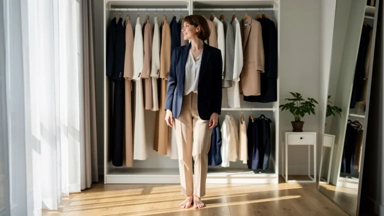 Femme réfléchissant devant une garde-robe limitée à trois couleurs dans une chambre lumineuse minimaliste