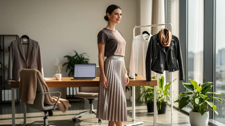 Femme au bureau portant une jupe plissée synthétique testée cinq jours en cinq tenues différentes