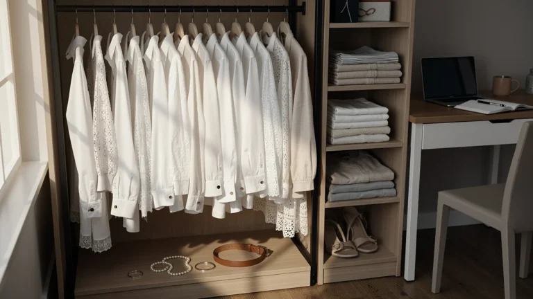 Placard encombré de trois hauts blancs quasi identiques en coton et soie, ambiance lifestyle féminine 39 ans
