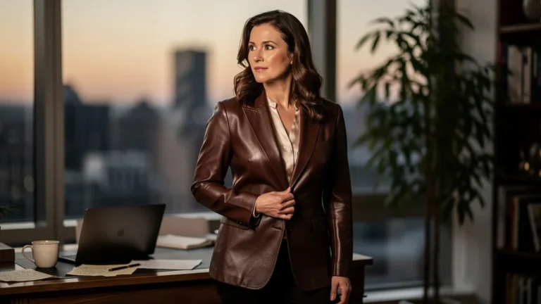 Femme élégante portant un blazer cuir brun foncé dans un loft urbain au crépuscule, style lifestyle raffiné