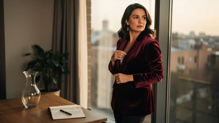 Femme portant un blazer velours femme bordeaux dans un intérieur lumineux et moderne