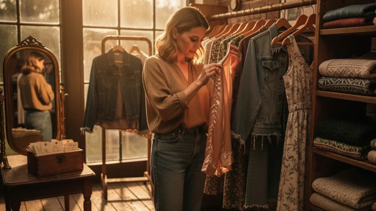 Femme examinant minutieusement les coutures d’un vêtement dans une friperie vintage chaleureuse